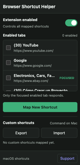 Browser Shortcut Helper popup with per-tab enablement and shortcut mapping controls
